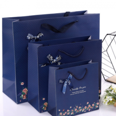 时尚深蓝色礼品袋手拎包装袋商务送礼生日手提纸袋通用服装购物袋