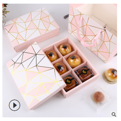 现货烫金粉色6粒月饼盒天地盖几何80克蛋黄酥包装盒巧克力饼干盒