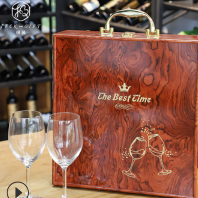 厂家红酒包装礼盒烤漆木盒带酒杯双支装通用葡萄酒盒子