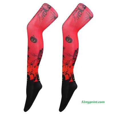 万圣节大红长筒袜 3D数码印刷蝙蝠长筒踩脚袜 节日派对长筒混纺打底袜