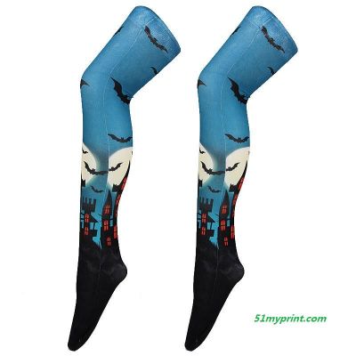 新款万圣节长筒袜 3D数码印刷蝙蝠长筒踩脚袜 节日派对长筒混纺打底袜