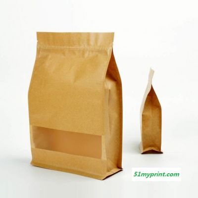 厂家批发 可定制印刷加印 休闲食品平底袋黄牛皮纸袋 哑光透明开窗八边封食品包装袋