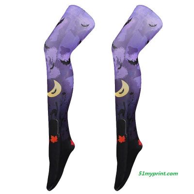 万圣节紫色长筒袜 3D数码印刷蝙蝠长筒踩脚袜 节日派对长筒混纺打底袜
