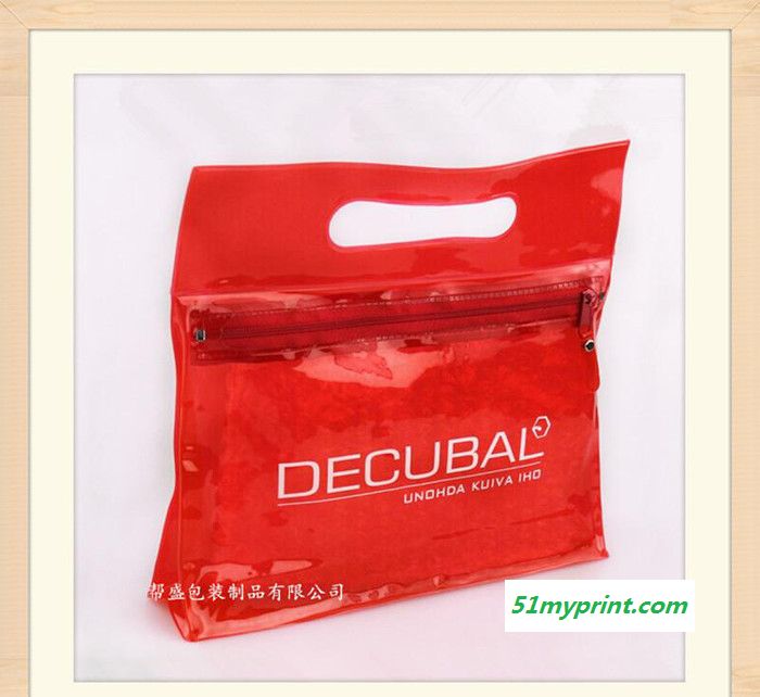 低价出售 PVC塑胶手提袋 红色防水拉链包装袋 化妆品包装胶袋